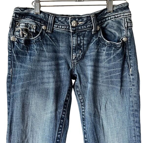 Miss Me JP6151B Boot Cut Low Rise Jeans Crystal Studded Flap Pockets medium wash - Picture 3 of 15